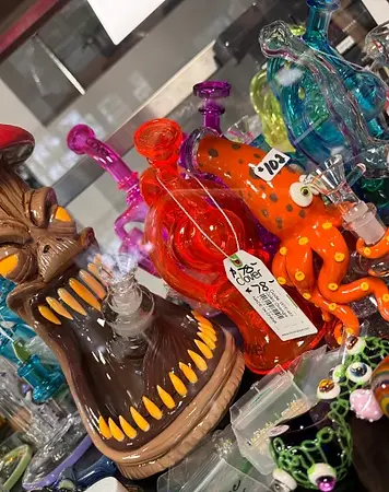 Colorful glass pipes and water pipes at Shelly's Kleen Tobacco